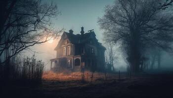 läskigt dimma höljen gammal mörk träd, halloween Skräck mysterium genererad förbi ai foto