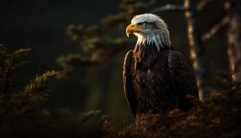 majestätisk fågel av byte perching på träd gren, klo utökad genererad förbi ai foto