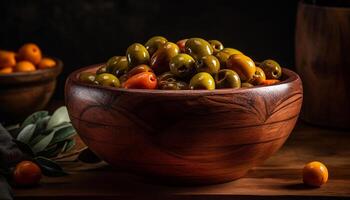 färsk organisk vegetarian sallad med mogen tomat och grön oliv generativ ai foto