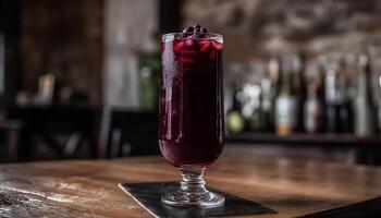 uppfriskande cocktail på trä- tabell med is, frukt, och glas generativ ai foto