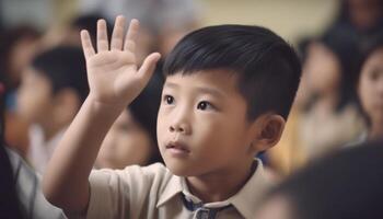 leende skola barn studerar i en beijing elementärt skola klassrum generativ ai foto