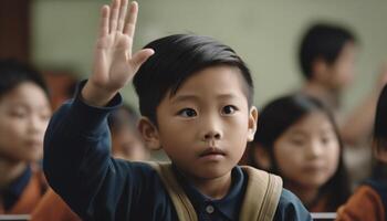 leende skola barn studerar i en beijing elementärt klassrum generativ ai foto