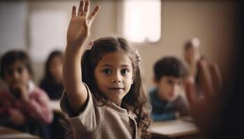 leende skola barn i en klassrum inlärning med lycka generativ ai foto