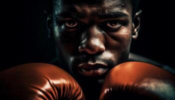 muskulös idrottare boxning med bestämning och aggression i svart studio generativ ai foto