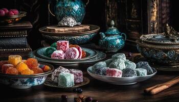 rustik efterrätt tabell med gourmet variationer av ljuv turkiska godis generativ ai foto