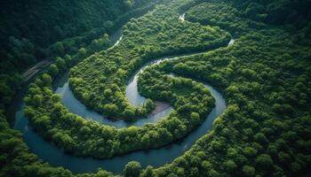 grön träd och blå vatten skapa idyllisk natur panorama- skönhet generativ ai foto