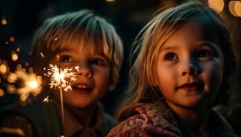 leende caucasian syskon njut av vinter- natt spelar med jul lampor genererad förbi ai foto