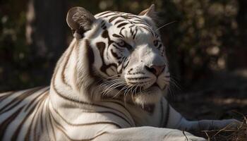 bengal tiger stirrande, stänga upp porträtt av majestätisk endangered arter genererad förbi ai foto