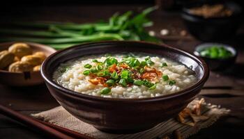 friska måltid av färsk grönsaker, ris, och organisk kryddor ångad genererad förbi ai foto