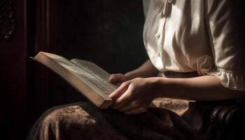 ett person läsning bibel, inlärning religion, innehav religiös text inomhus genererad förbi ai foto