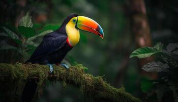 toucan perching på gren i vibrerande tropisk regnskog skönhet genererad förbi ai foto