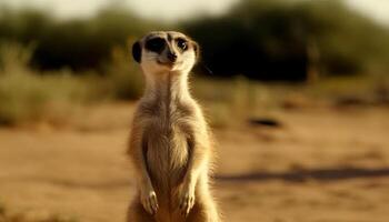 små meerkat stående varna, stirrande på kamera i afrikansk vildmark genererad förbi ai foto