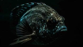 skarp djur- öga simning i mörk, under vattnet rev genererad förbi ai foto