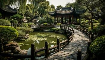 lugn scen av gammal pagod i formell japansk trädgård genererad förbi ai foto