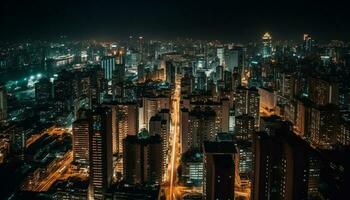 modern skyskrapor belysa beijing finansiell distrikt på skymning genererad förbi ai foto