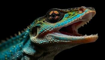 rasande drake grön tunga och tänder i stänga upp porträtt genererad förbi ai foto