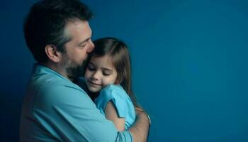 far och son bindning, leende med kärlek i blå studio genererad förbi ai foto