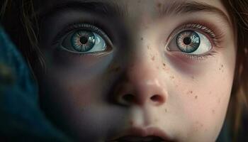 söt barn blå ögon stirrande upp på natur skönhet genererad förbi ai foto