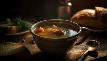 färsk vegetabiliska soppa, rustik bröd, friska lunch, gourmet aptitretare genererad förbi ai foto