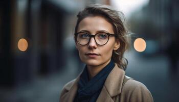 ung vuxen kvinna med brun hår ser självsäker utomhus på natt genererad förbi ai foto