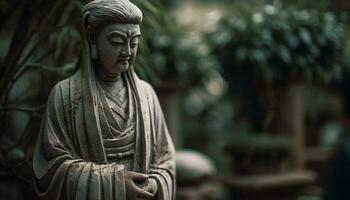 Sammanträde munk mediterar i lugn scen på gammal kinesisk monument genererad förbi ai foto