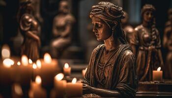 katolicism andlighet upplyst förbi levande ljus i en lugn kapell genererad förbi ai foto