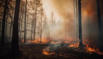 brinnande skog brand skadestånd naturlig miljö, skapande läskigt mysterium genererad förbi ai foto