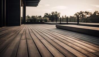 trä- planka golv leder till modern utomhus- tabell i natur genererad förbi ai foto