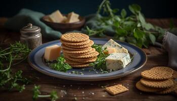 färsk gourmet mellanmål stack på rustik trä tabell för friska äter genererad förbi ai foto