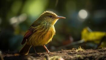 gul bi -ätare perching på gren, varna i lugn skog genererad förbi ai foto