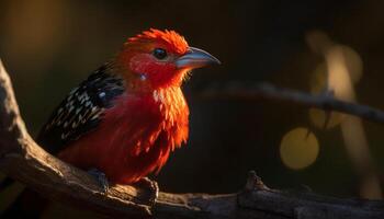 vibrerande manlig barbet uppflugen på gren, stänga upp porträtt genererad förbi ai foto