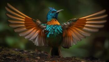 kolibri perching på gren, spridning vingar, iriserande, vibrerande färger genererad förbi ai foto