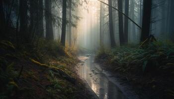 mystisk höst skog, mörk skönhet i natur, lugn våt gångstig genererad förbi ai foto