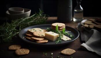 nyligen bakad bröd och grillad nötkött på rustik trä- tallrik genererad förbi ai foto