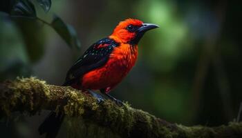 vibrerande barbet perching på gren i tropisk regnskog skönhet genererad förbi ai foto