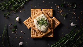 nyligen bakad ciabatta bröd med hemlagad vegetarian sallad på topp genererad förbi ai foto