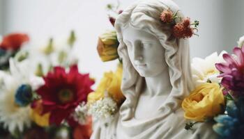 religiös staty symboliserar kärlek och andlighet i blomma dekoration genererad förbi ai foto