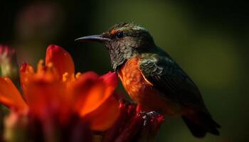 vibrerande kolibri sittpinnar på blomma, pollinerande med regnbågsskimrande fjädrar genererad förbi ai foto