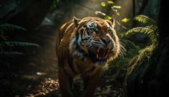 bengal tiger stirrande våldsamt, gående genom frodig tropisk regnskog genererad förbi ai foto