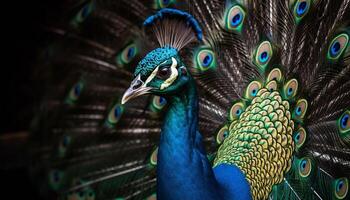 vibrerande påfågel visas elegans med mång färgad fjädrar i natur skönhet genererad förbi ai foto