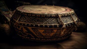antik trä- percussion instrument, utsmyckad mönster, inhemsk kultur souvenir genererad förbi ai foto