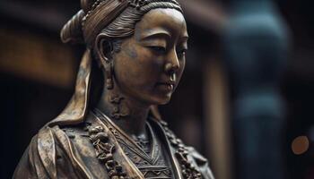 ett person mediterar i främre av gammal kinesisk skulptur genererad förbi ai foto