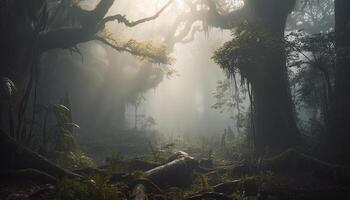 läskigt skog mysterium mörk, dimmig, och full av Skräck genererad förbi ai foto