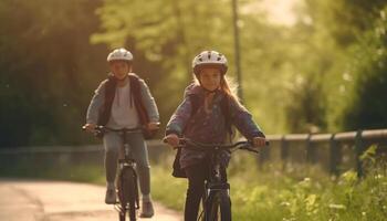 caucasian familj cykling utomhus, njuter natur och sorglös fritid aktivitet genererad förbi ai foto