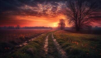 silhuett av träd på horisont, mång färgad himmel, natur mysterium genererad förbi ai foto