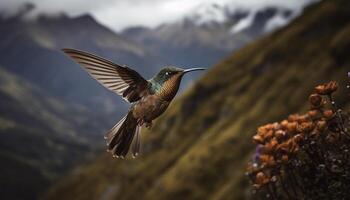 kolibri perching på gren, regnbågsskimrande fjädrar, naturlig skönhet fångad genererad förbi ai foto