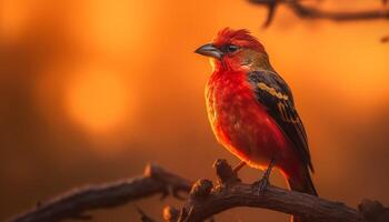 vibrerande nordlig kardinal perching på gren, skönhet i natur genererad förbi ai foto