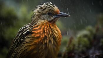 gul fågel perching på våt gren, tittar på de regn genererad förbi ai foto
