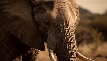stor afrikansk elefant i savann, stänga upp porträtt med rynkig trunk genererad förbi ai foto