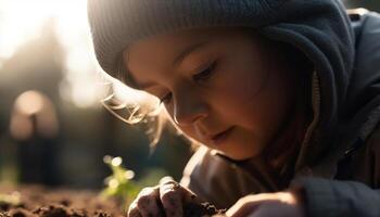 leende barn spelar utomhus i de solljus, njuter natur skönhet genererad förbi ai foto